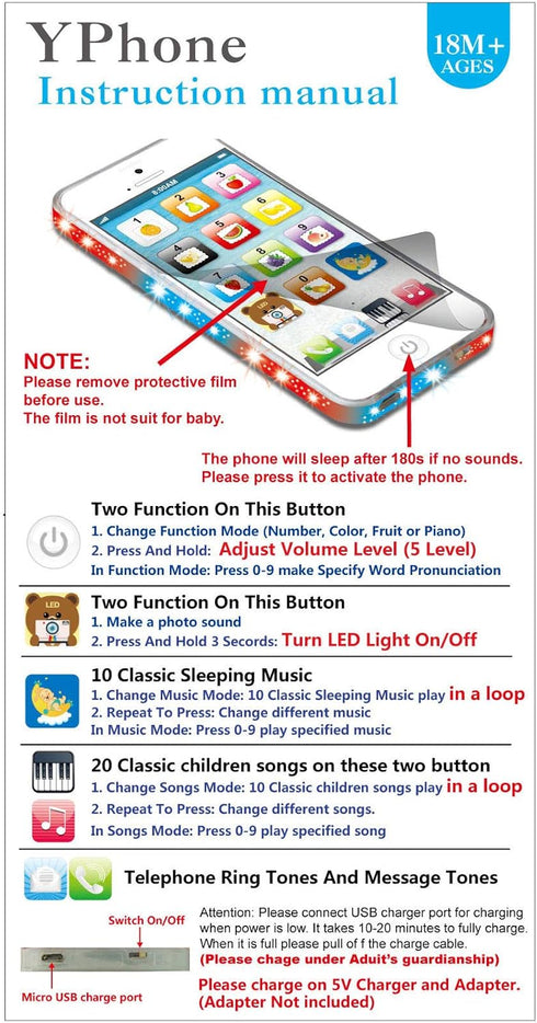 Yphone Pretend Smart Mobile Toy Phone for Toddler Baby & Kids, Musical English Learning Gift (Black)