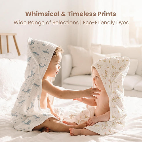 2-Pack 100% Floral,32" 32") Konssy Muslin Hooded Baby Towels, Cotton, Ultra-Soft & Absorbent Baby Bath Towels with Hood