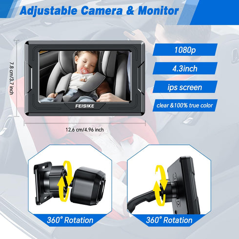 FEISIKE 4.3'' 360 149 3 Baby Car Camera, Back Seat Baby Car Camera Mirror for Crystal Infrared Night Vision, Rotation
