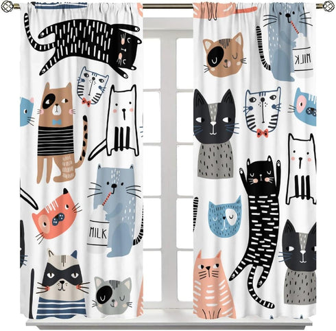 moderw W55xL63in Funny Cats Curtains, Cute Cartoon Cats Baby Bottle Window Treatments Lovely Pets Animals Drapes