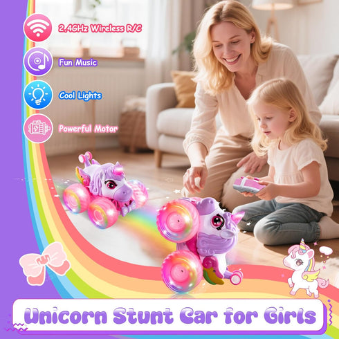 SUMEAUT 360 4WD 2.4GHz 3-12 Remote Control Car Unicorn Monster Trucks for Girls Rotating Stunt RC Cars with LED Lights
