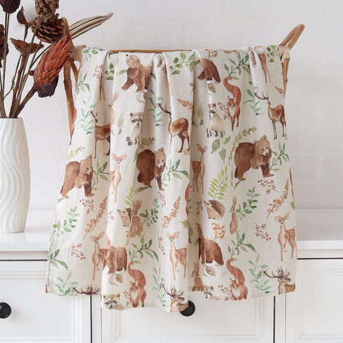 LifeTree Muslin Swaddle Blankets, Baby Boy Swaddle Blanket and Hat Set with Birth Announcement Card, Woodland Animals
