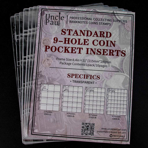 Uncle Paul Coin Collecting Pages, 5 Sheets, 20 Pockets, Standard 9-Hole Coin Pocket Inserts