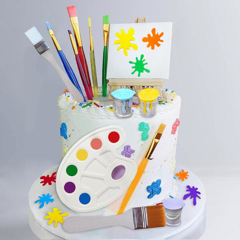26 Pcs Art Cake Topper - Paint Cake Decorations with Paint Pen, Brush, Bucket for Kids Birthday Party