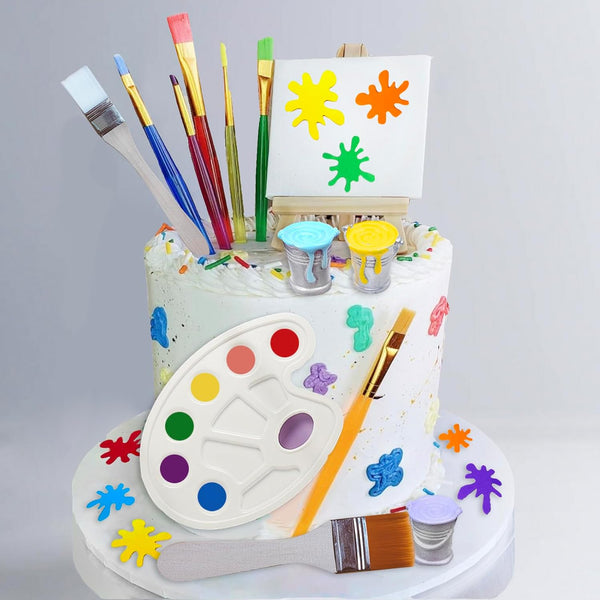 26 Pcs Art Cake Topper - Paint Cake Decorations with Paint Pen, Brush, Bucket for Kids Birthday Party