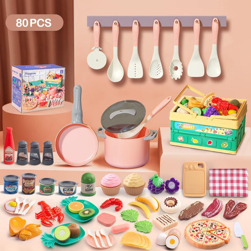 Funpynani 80pcs Set Playset Pretend Play Kitchen for Toddlers, Kids Cookware