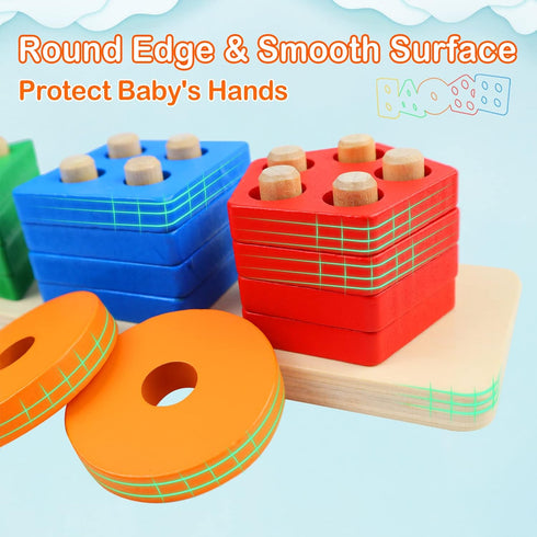 PEBIRA Montessori Toys for Toddlers - Wooden Sorting & Stacking Toys for 1 to 3-Year-Old Boys Girls