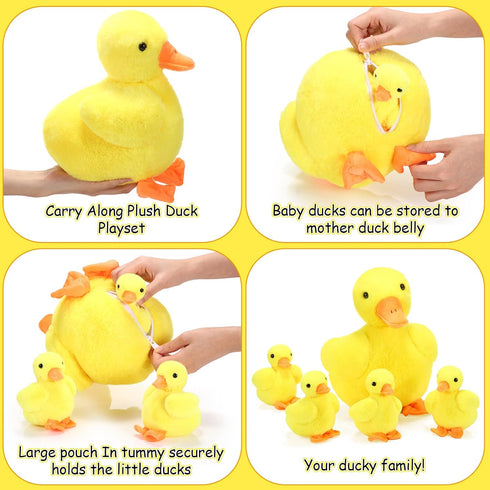 5 Pieces Duck Stuffed Animals Set, Big Mommy Duck with 4 Little Baby Plush Toys, Soft Family Plush Set (Yellow Duck)