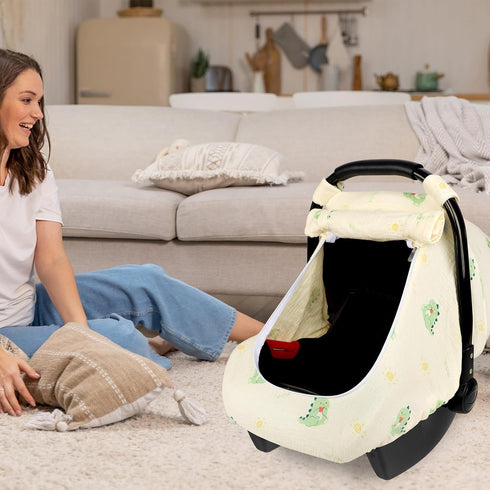 Summer Muslin Baby Car Seat Cover for Boys Girls, Infant Carseat Canopy with Breathable Mesh Peep Window, Lightweight