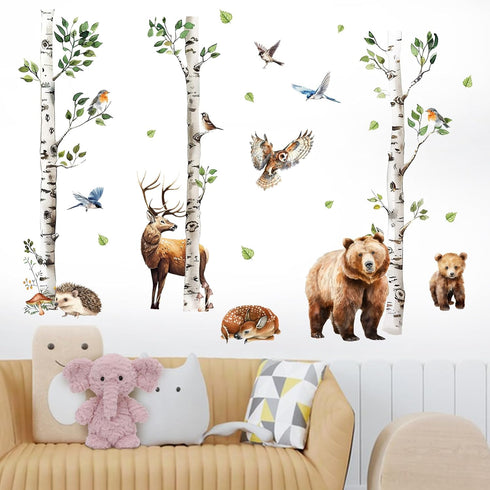 Mfault Forest Animal White Birch Tree Wall Decals Stickers, Woodland Bear Deer Hedgehog Owl Birds Baby Nursery Decor