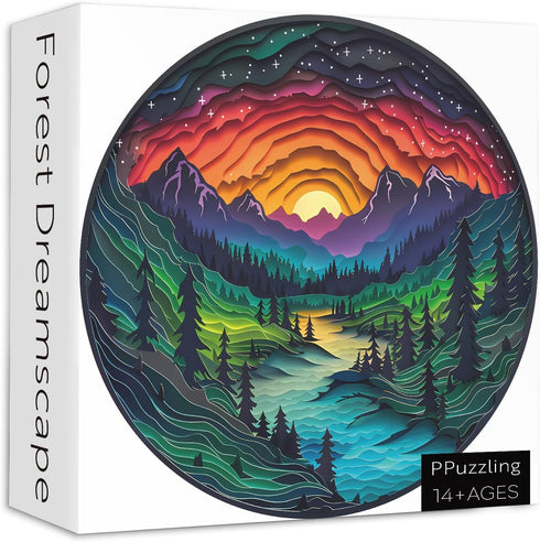 Magic Forest Puzzles for Adults 1000 Pieces, Nature Round Tree Mountain River Sunset Landscape Puzzle, Colorful Paper Cut Art Puzzle, Difficult Hard Challenge Jigsaw Puzzle
