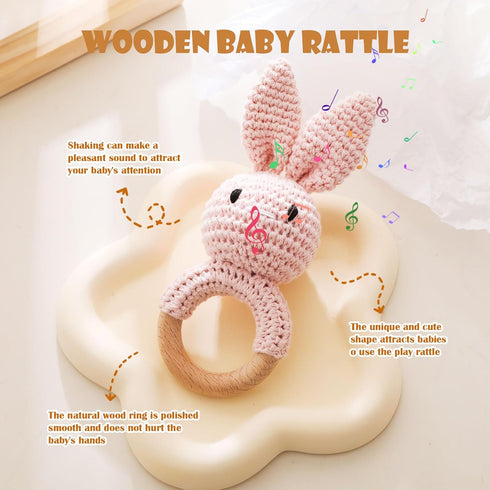 Wooden Baby Rattle, Crochet Bunny Rattle with Wood Ring, Newborn Animal Toy, Infant Pink Bunny Wood Rattle (Bunny-3)