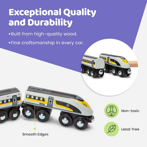 Wooden Bullet Train Set of 2 Modern Engines, 1 Sleek Passenger Car with Magnetic Connectors, Compatible with Major
