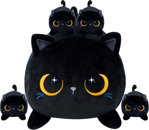 Black Cat Plush Stuffed Animal, Cute Cat with 4 Baby Soft Pillows, Gift for Kids Decor