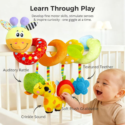 0-6-12 Carseat Toys Hanging for Babies Months, Crib Toy Hanging Plush Spiral Car Seat Toy, with Rattle, Teether