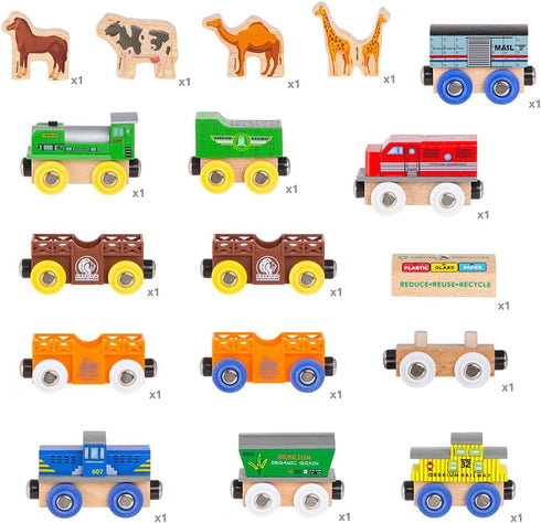Toys 12 (18 Pcs) Wooden Engines & Train Cars Collection with Animals, Farm Safari Zoo Compatible with Thomas