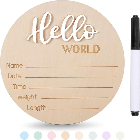Xyndrella Baby Announcement Sign with Pen, 5.9 Inch Wooden Hello World Newborn Sign