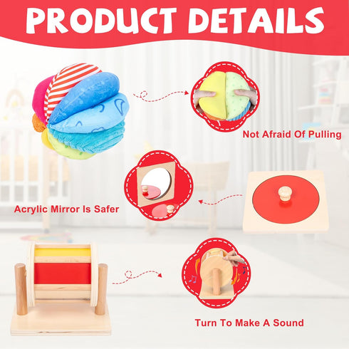 Montessori Baby Toys Play Kit, Mirror Peekaboo Knob Puzzle, Spinning Drum and Rainbow Fabric Ball Kit for 6-12 Months