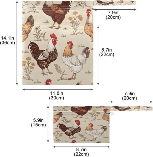 Haskirky 2 Rustic Roosters Pcs Cloth Diaper Wet Dry Bags,Waterproof and Washable Bag for Travel Reusable Wet Bag