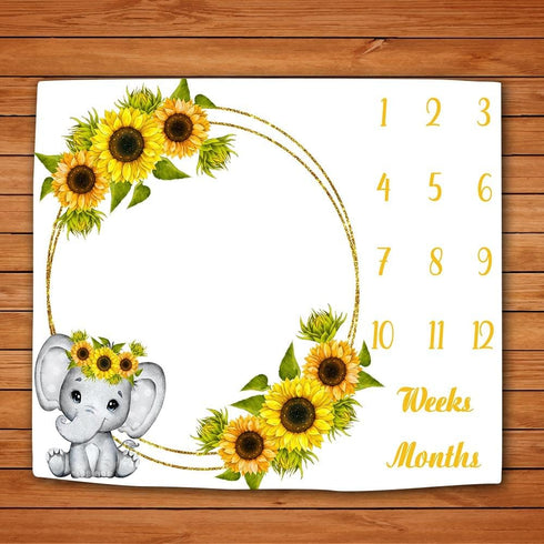 Sunflower Baby Age Blanket, Cartoon Elephant White Growth Chart Memory Blanket, 48x40 Inch