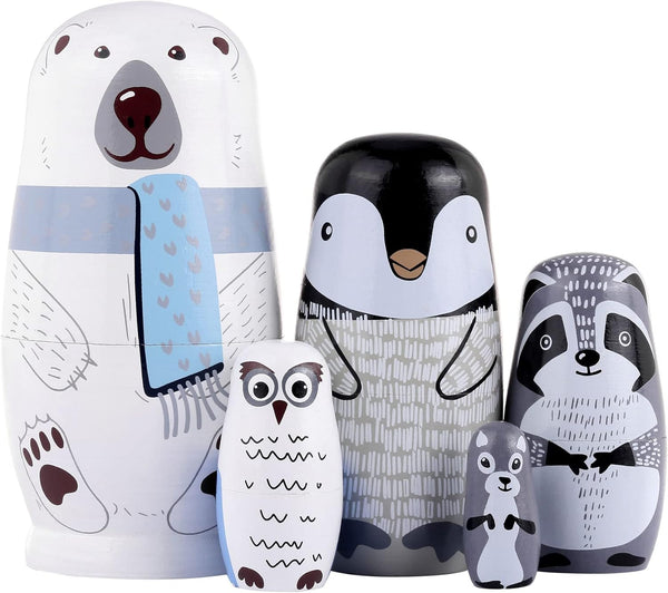 Yoption 5Pcs Handmade Wooden Russian Matryoshka Dolls Set for Kids - Polar Bear Penguin Nesting Toy Gift