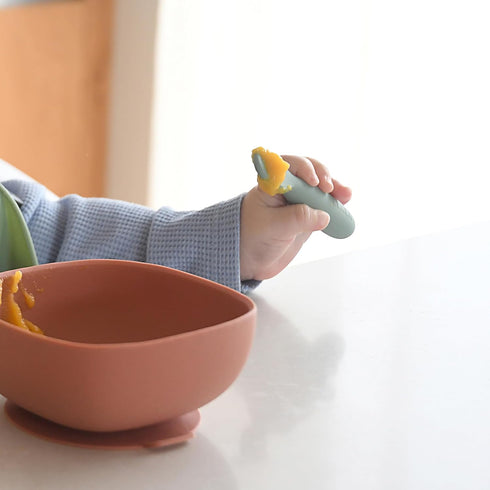 BEABA Set of 2 Silicone Pre-Spoons for Babies 4-8 Months, Ultra-Soft Silicone Spoons for Self Feeding, Sage/Grey