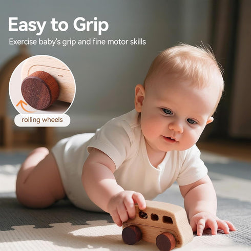 1-3, Set Wooden Cars for Toddlers Wooden Vehicles Baby Cars with Bus, Airplane and Boat, Montessori Rattle Toys