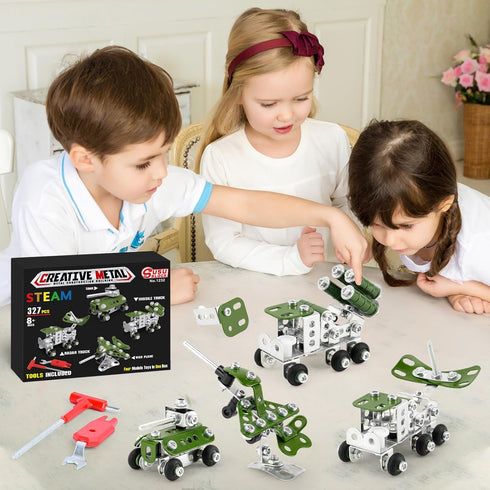 Building Toys for Boys Age 8-12, Erector Sets 4 Mini Army Vehicles Model, DIY Educational Birthday Gifts for Kids