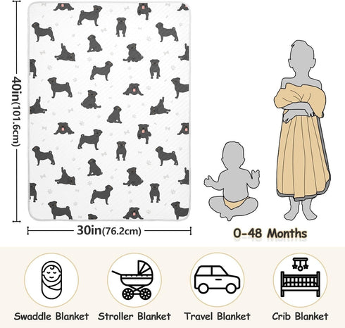 KICPOAY Pug Dog Black Baby Swaddle Blanket for Boys and Girls, Muslin Baby Receiving Swaddle Blanket, Soft Cotton