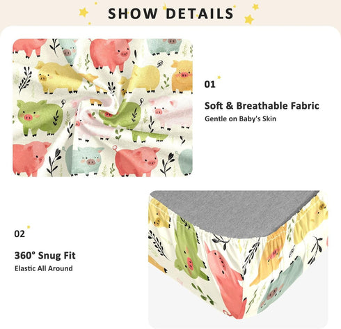 miaozhen 1 Pack 52x28 Cotton Crib Sheets for Baby Boys Girls Soft Stretchy Funny Garden Pig Ivory Playard Mattress