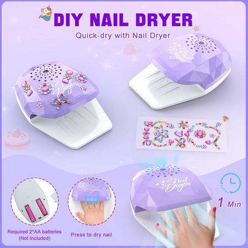 Set 3-12 Kids Nail Polish for Girls, Non-Toxic All-in-One Nail Art Kit with Nail Dryer and Peelable Nail Polish, Ideal