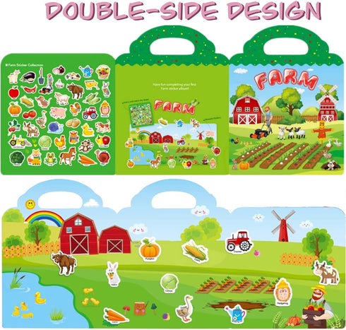 Reusable Sticker Book for Kids, Farm Stickers Educational Learning Toys for Toddler Girls Boys
