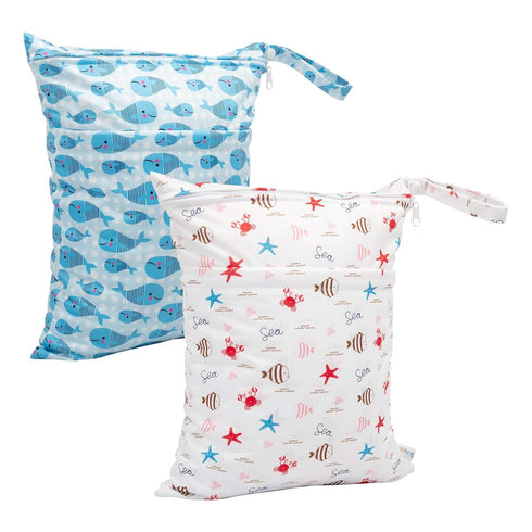 ALVABABY 2pcs Cloth Diaper Wet Dry Bags, Waterproof Reusable with Two Zippered Pockets for Travel, Beach, Pool