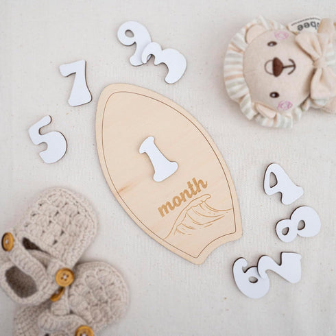 TTMerriwood 112 Set, Wooden Surfboard Baby Monthly Milestone Sign, Month Photo Prop Beach Wave Design Neutral Nursery
