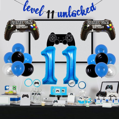 Video Game 11th Birthday Decorations for Boys, Level Up 11 Birthday Supplies, Unlocked Cake Topper Banner