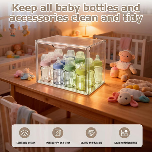 MAIDIWUDI Baby Bottle Organizer with Magnetic Door for Cabinet Stackable Clear Organizer Nursery Storage Bin for Baby