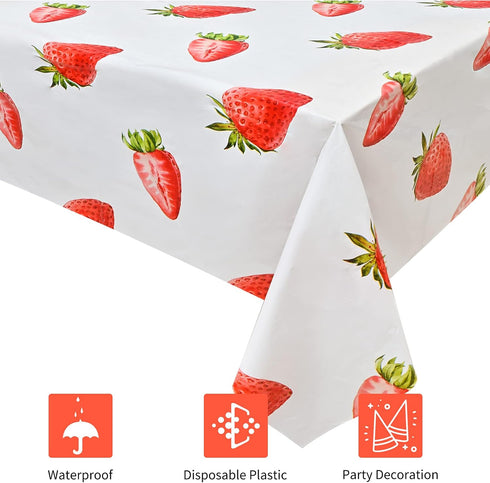 2 Pcs Strawberry Tablecloth, Plastic Table Covers 87 x 51 Inches for Birthday Party Supplies