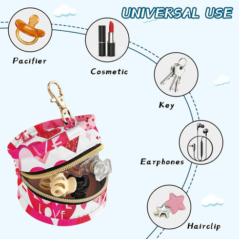 Valentines Heart Round Pacifier Storage Case with Zipper, Portable Pacifier Case for Travel, Diaper Bag & Purse