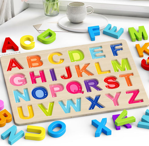 Zeoddler Alphabet Puzzles, Wooden Puzzles for Toddlers, ABC Shape Puzzles for Kids, Preschool Learning Activities, Gift