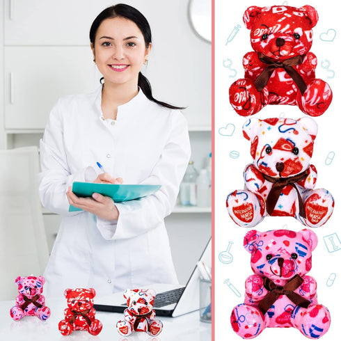 18 Pcs Nurse Week Appreciation Gifts, Mini Plush Bears 4 Inch, Stuffed Animals with Syringe Stethoscope Pattern