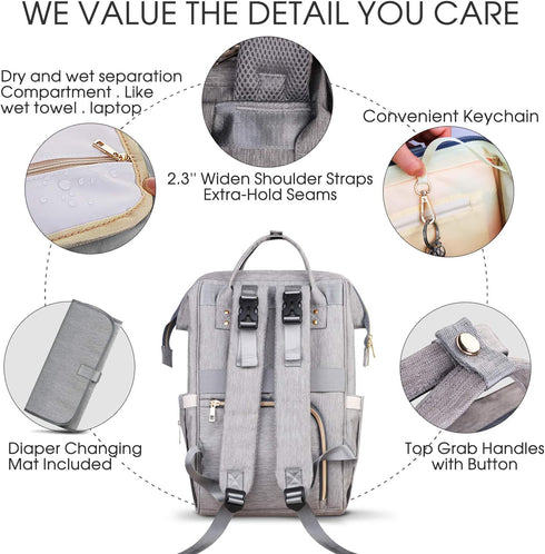 ZOUNICH Multifunction Waterproof Diaper Bag Backpack, Stylish Nappy Travel Bag with Changing Mat, Gray