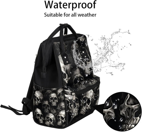 Hsnar Backpack Skull Skeleton Print Waterproof Diaper Bag Large Capacity Baby Bag with Stroller Straps, Multi-Pocket