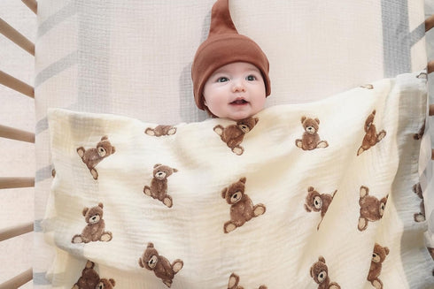 2-Pack 47 47 inches Little Jump Cotton Muslin Swaddle Blankets for Baby Boys Girls Unisex - Boho Teddy Bear Baby