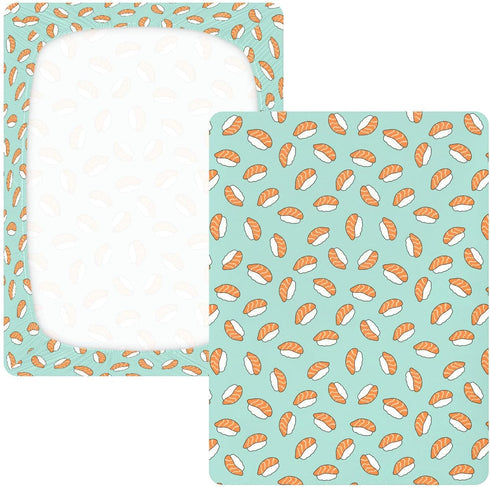Jynexis 52x28 Japanese Sushi Salmon Teal Pattern Baby Crib Sheets, Cotton Fitted Crib Sheet, Soft Breathable, Fits