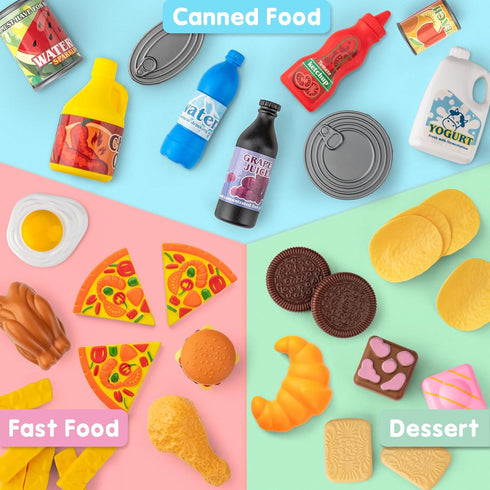 55 Set 1-3 4-8, Pcs Grocery Store Pretend Play Food with Shopping Basket for Kids Toddlers Kids Play Kitchen