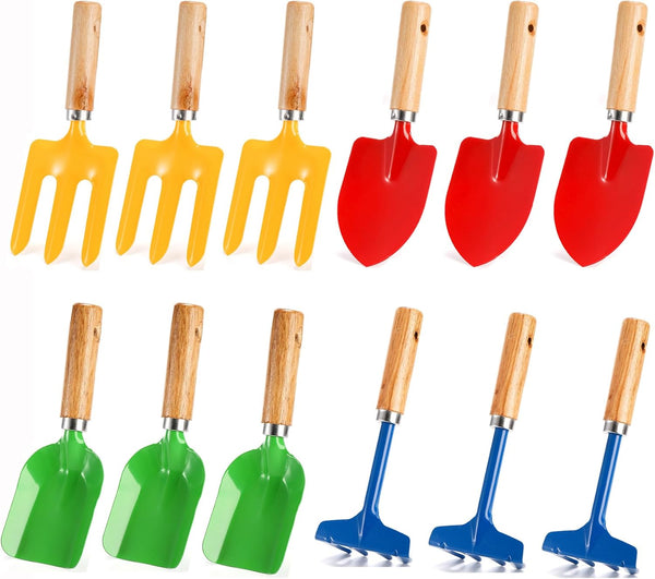 Nicunom 12 Pack Kids Gardening Tools Set, Metal Shovel, Rake, Fork, Trowel, Garden Toys for Outdoor Fun