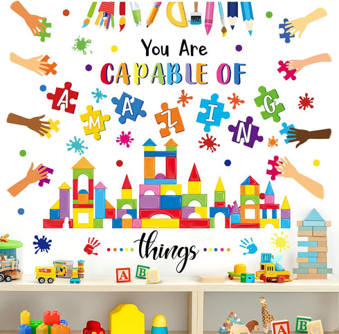 wondever Reading Corner Builders Blocks Wall Stickers Inspirational Quotes You are Capable of Amazing Things Handprint