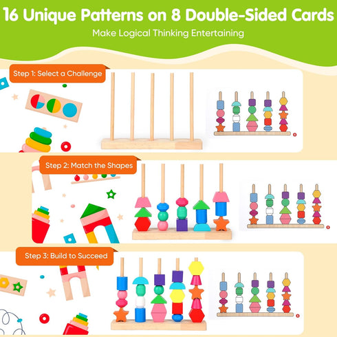JRUXJWI Set 3 4 5, Montessori Wooden Threading Beads for Toddlers Bead Sequencing & Stacking Toy with Pattern Cards