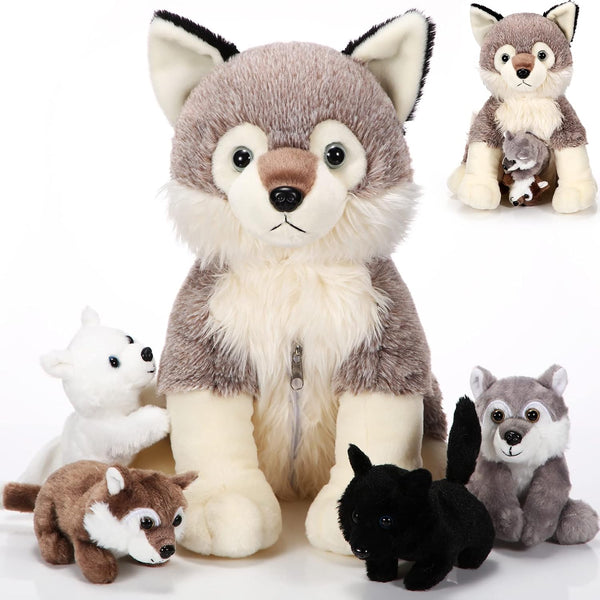 Honoson 5 Pcs Wolf Plush Set - 14 Inch Mommy Wolf Stuffed Animal with 4 Cute Baby Wolves, Soft Plushie Gift