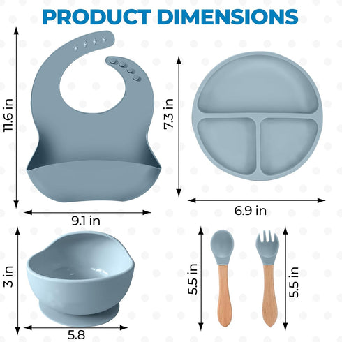 Generic 5-Piece Set 100% Silicone Baby Feeding Suction Bowl, Divided Plate, Adjustable Bib, Spoon & Fork Food-Grade
